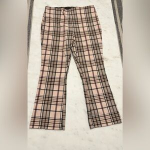 Plaid Pink Beige cropped flair Pants elastic LARGE